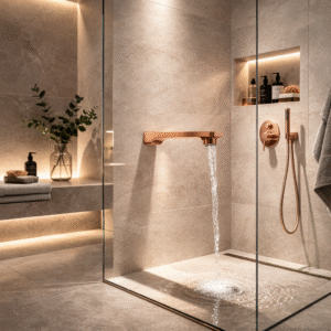 Bath shower mixer taps by Aquilo in Rose Gold  Brass – product photo