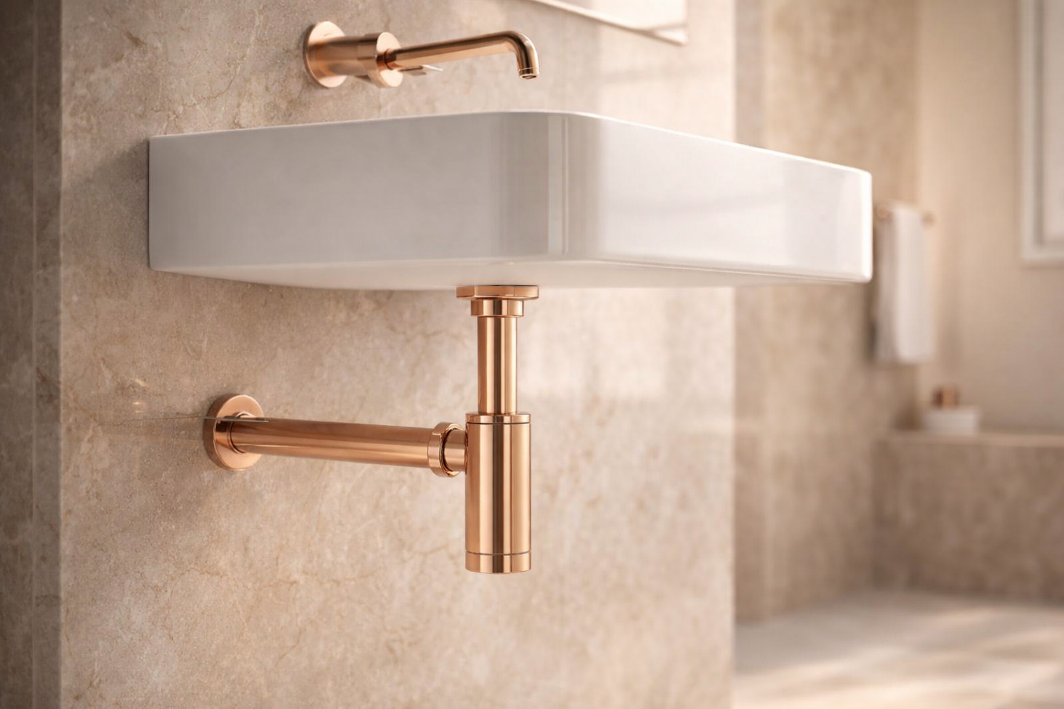 Luxury  bathroom with Bottle Trap by Aquilo in Rose Gold  Brass