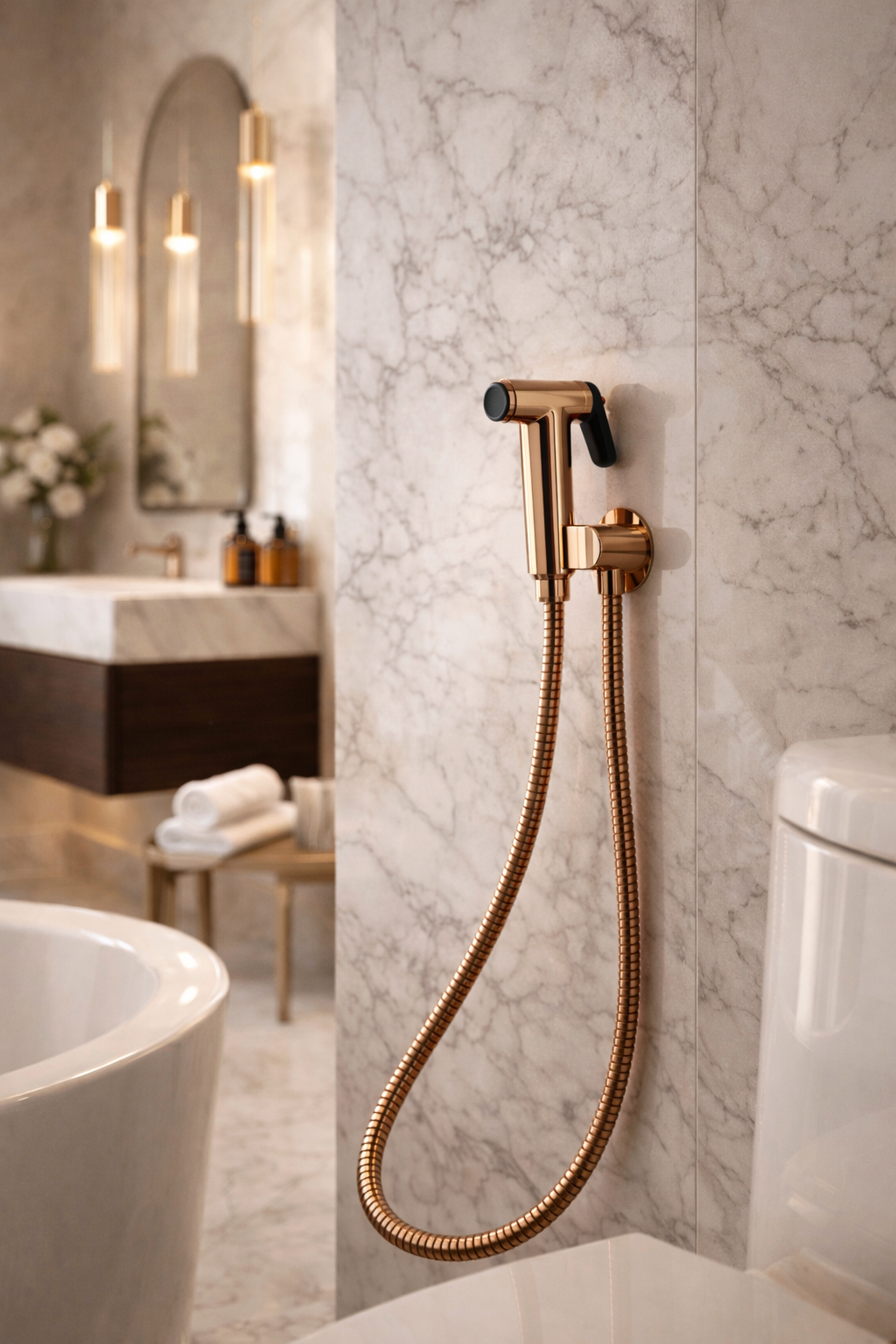 Luxury  bathroom with Health Faucet Set by Aquilo in Rose Gold  Brass