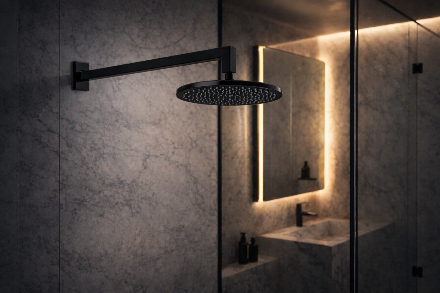 Luxury  bathroom with Shower arm by Aquilo in Matte Black  Brass