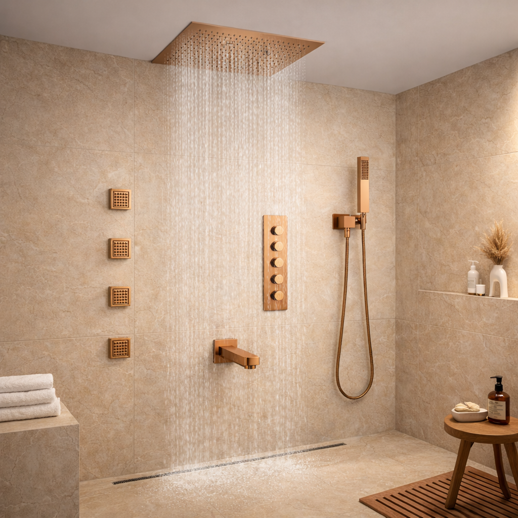 Luxury  bathroom with Shower body jets by Aquilo in Rose Gold  Brass
