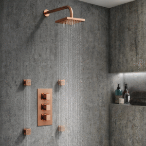 Luxury  bathroom with Thermostat shower by Aquilo in Rose Gold  Brass