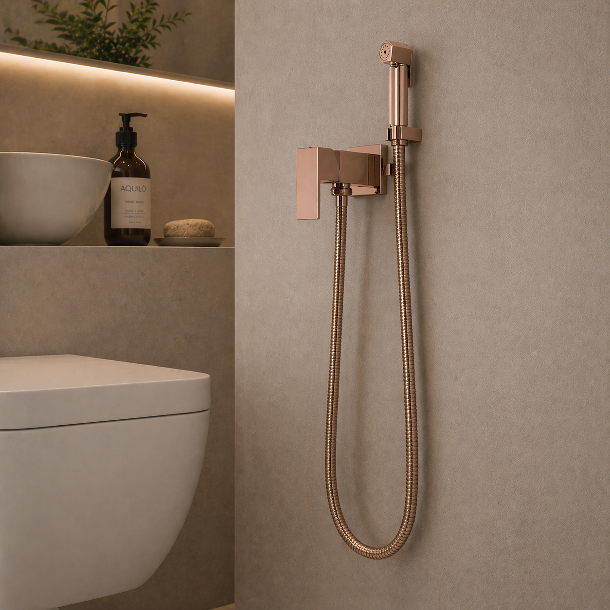 Luxury bathroom with Angle cock by Aquilo in Rose Gold Brass