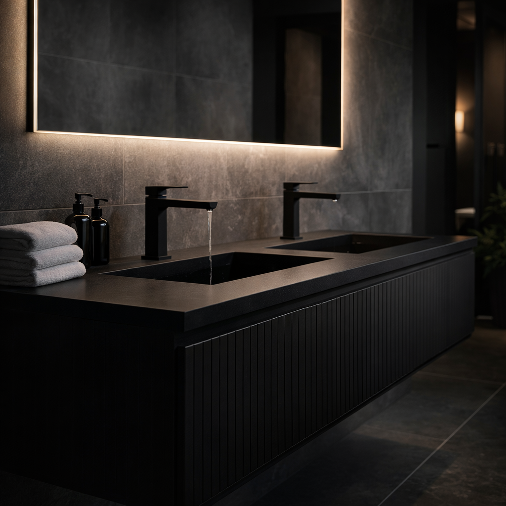 Luxury bathroom with Long Tap by Aquilo in Matte Black Brass