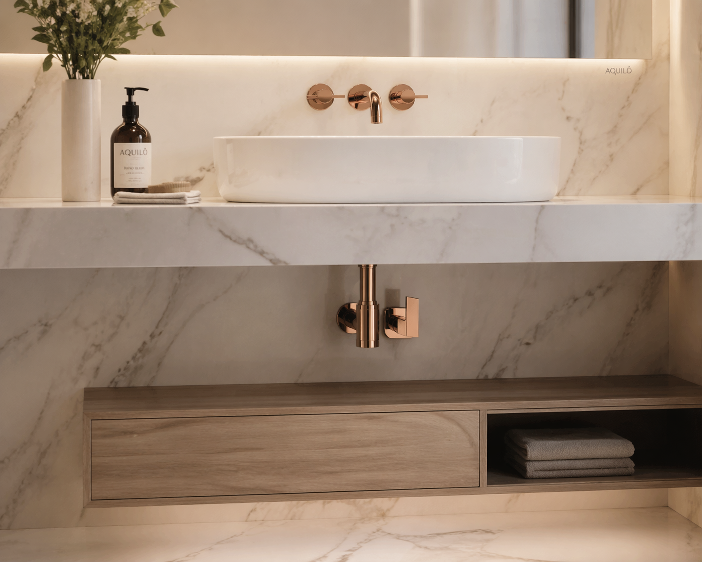Luxury bathroom with Stop Cock by Aquilo in Rose Gold Brass