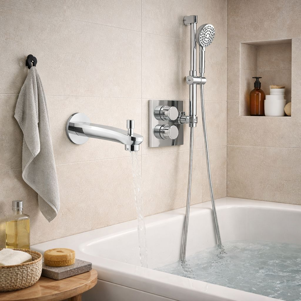 Luxury bathroom with Bath mixer tap by GROHE in Chrome Brass