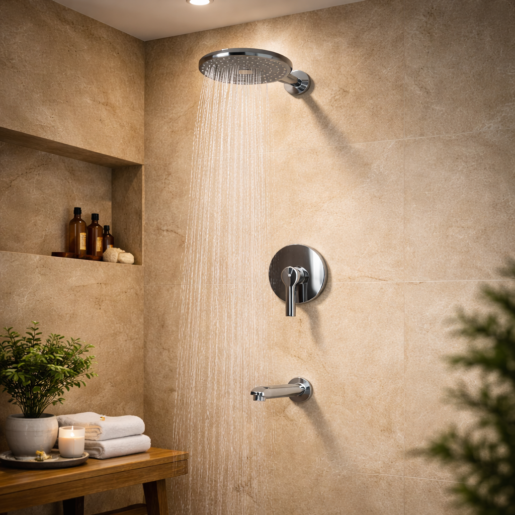 Luxury bathroom with Bathroom Diverter by GROHE in Chrome ABS Plastic +Brass