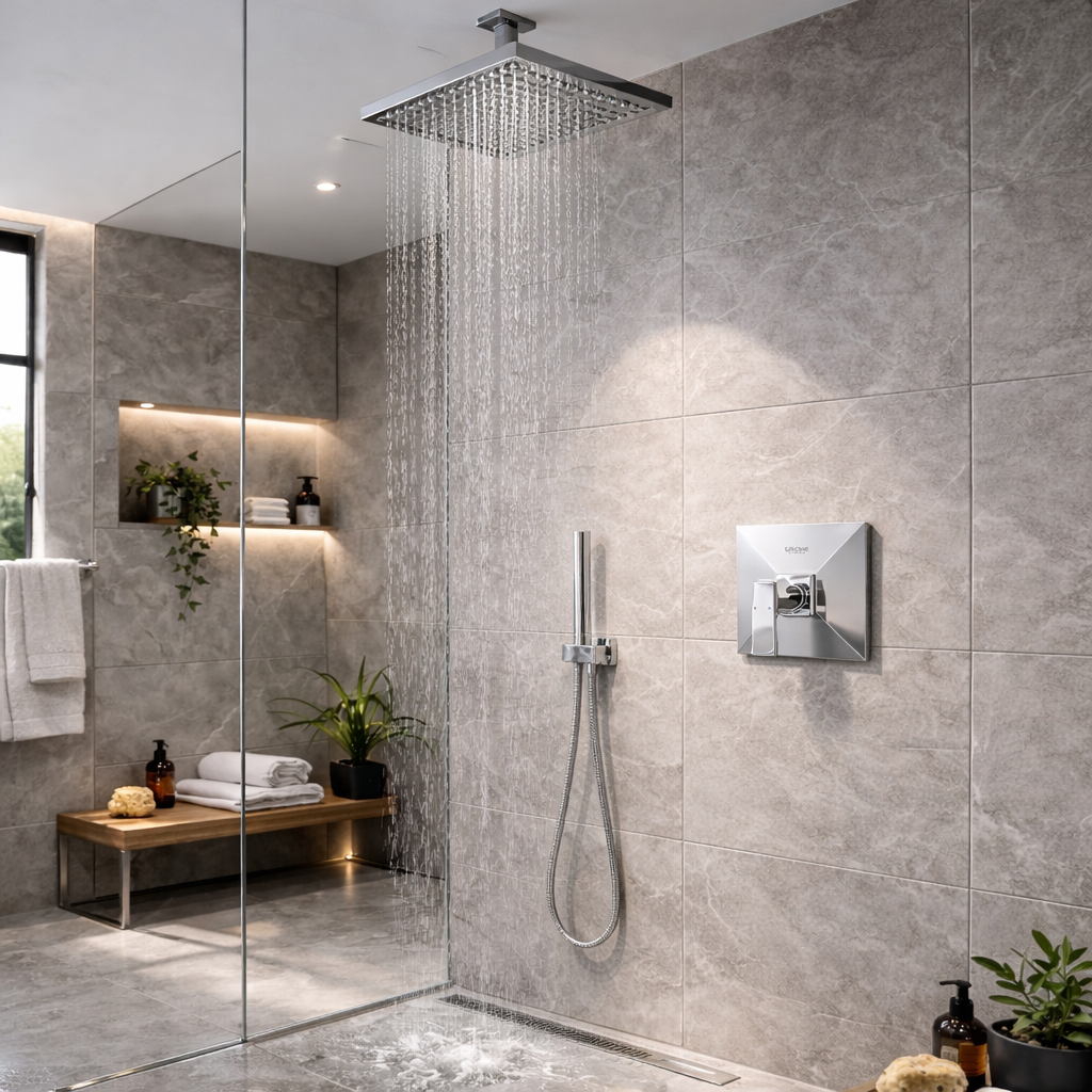 Luxury bathroom with Bathroom Diverter by GROHE in Chrome ABS Plastic +Brass