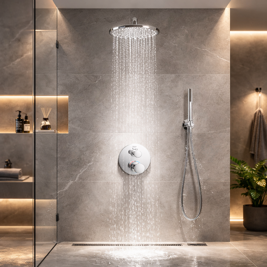 Luxury bathroom with Bathroom Diverter by GROHE in Chrome Brass