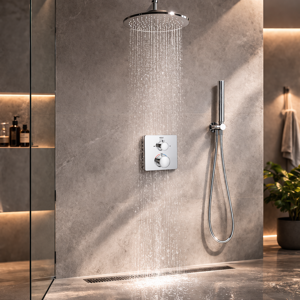 Luxury bathroom with Bathroom Diverter by GROHE in Chrome Brass