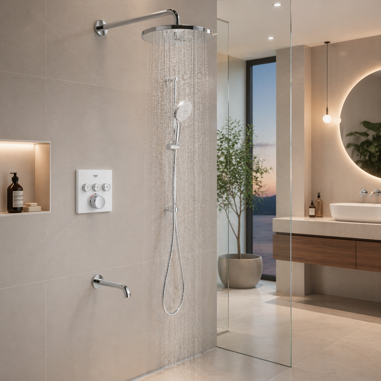 Luxury bathroom with Bathroom Diverter by GROHE in Chrome Brass