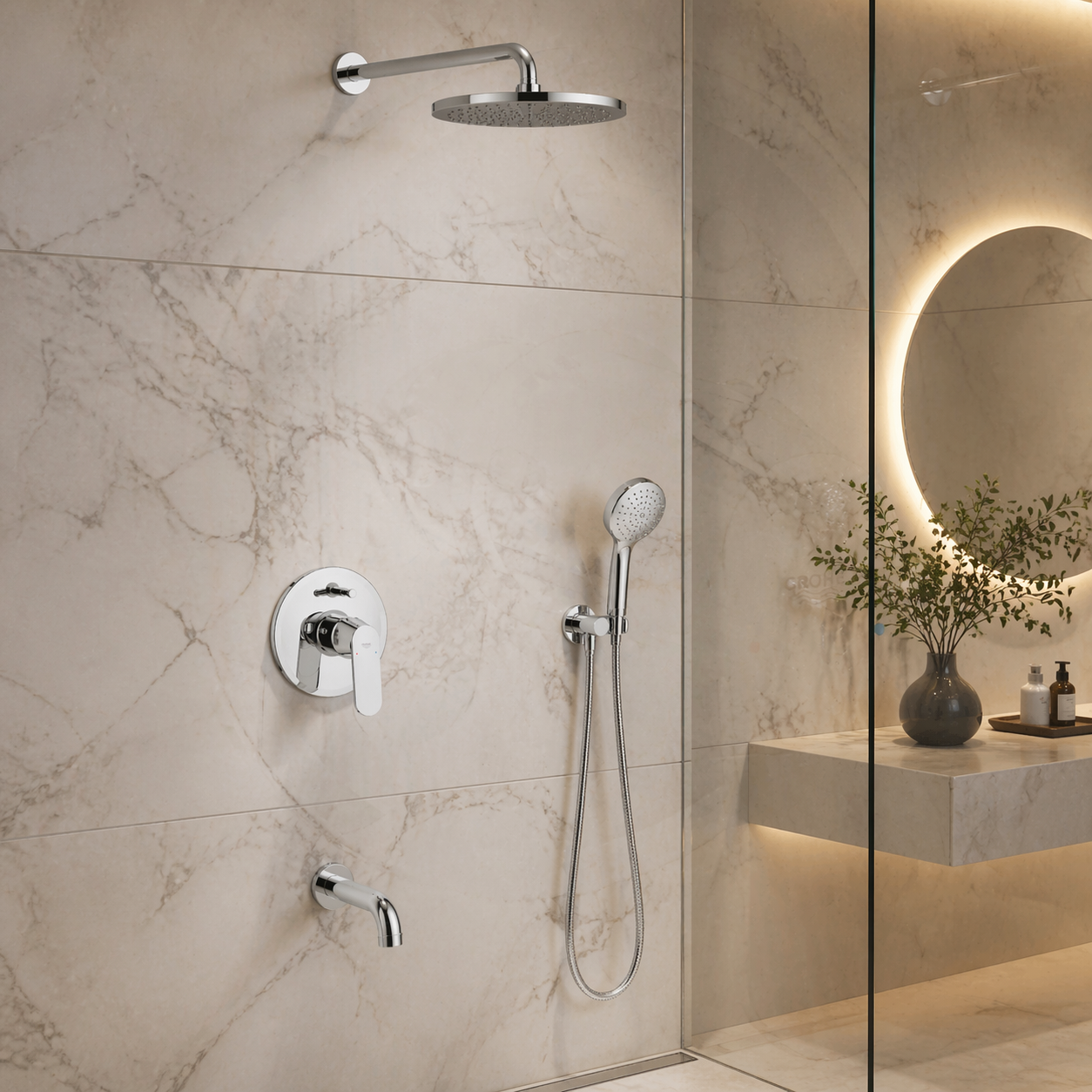 Luxury bathroom with Bathroom Diverter by GROHE in Chrome ABS Plastic +Brass