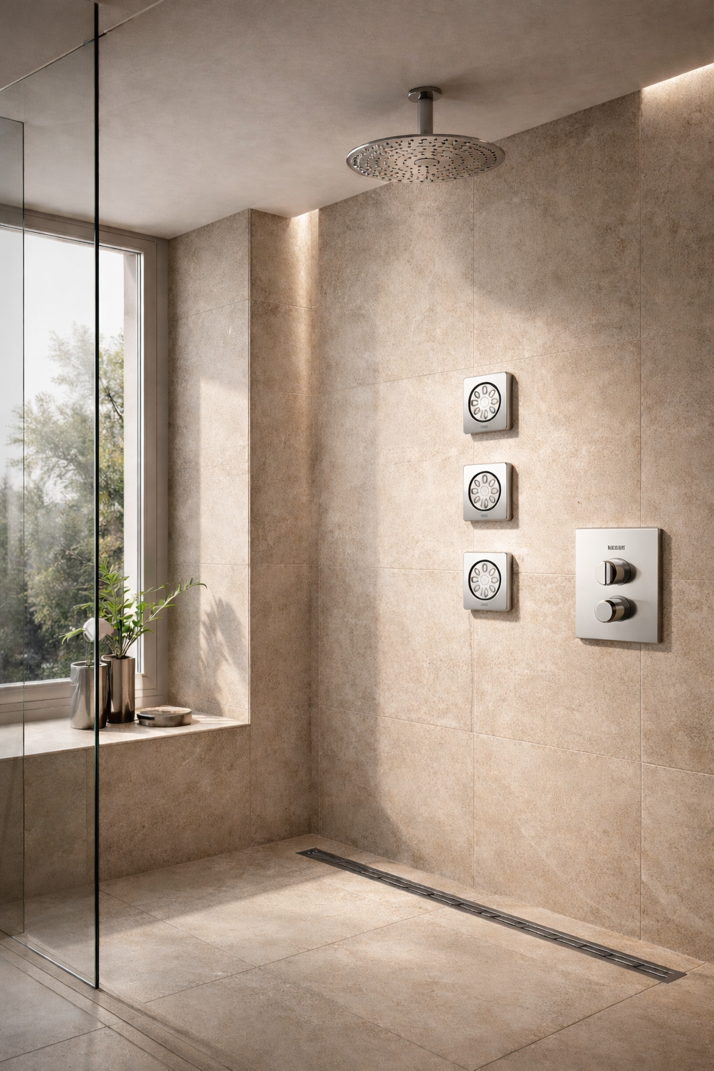 Luxury bathroom with Body jet by GROHE in Chrome Brass