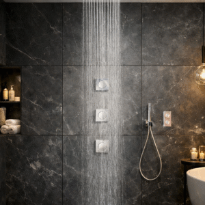 Luxury  bathroom with Ceiling Shower by GROHE in Chrome  Brass