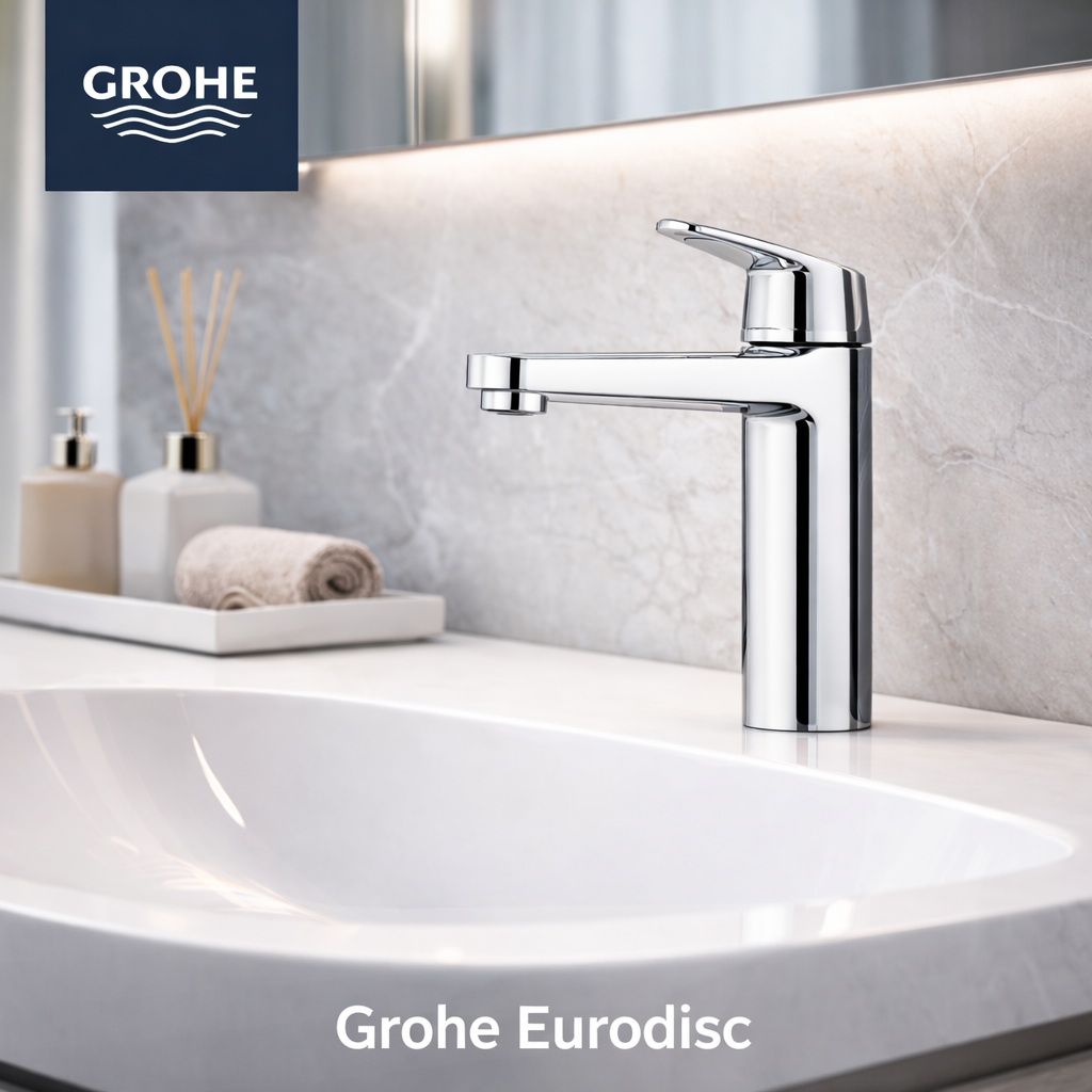 Luxury  bathroom with Long Tap by GROHE in Chrome Brass