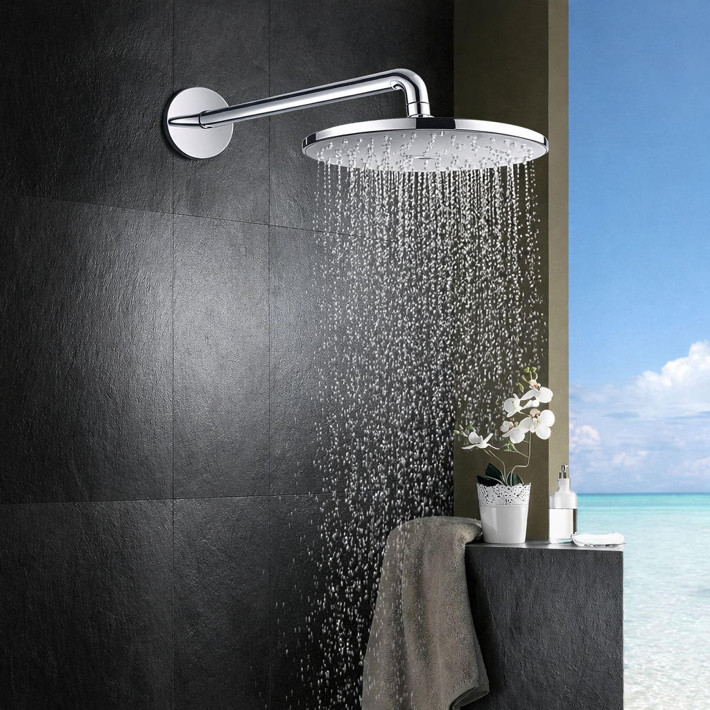 Luxury bathroom with Overhead Shower by GROHE in Chrome Brass