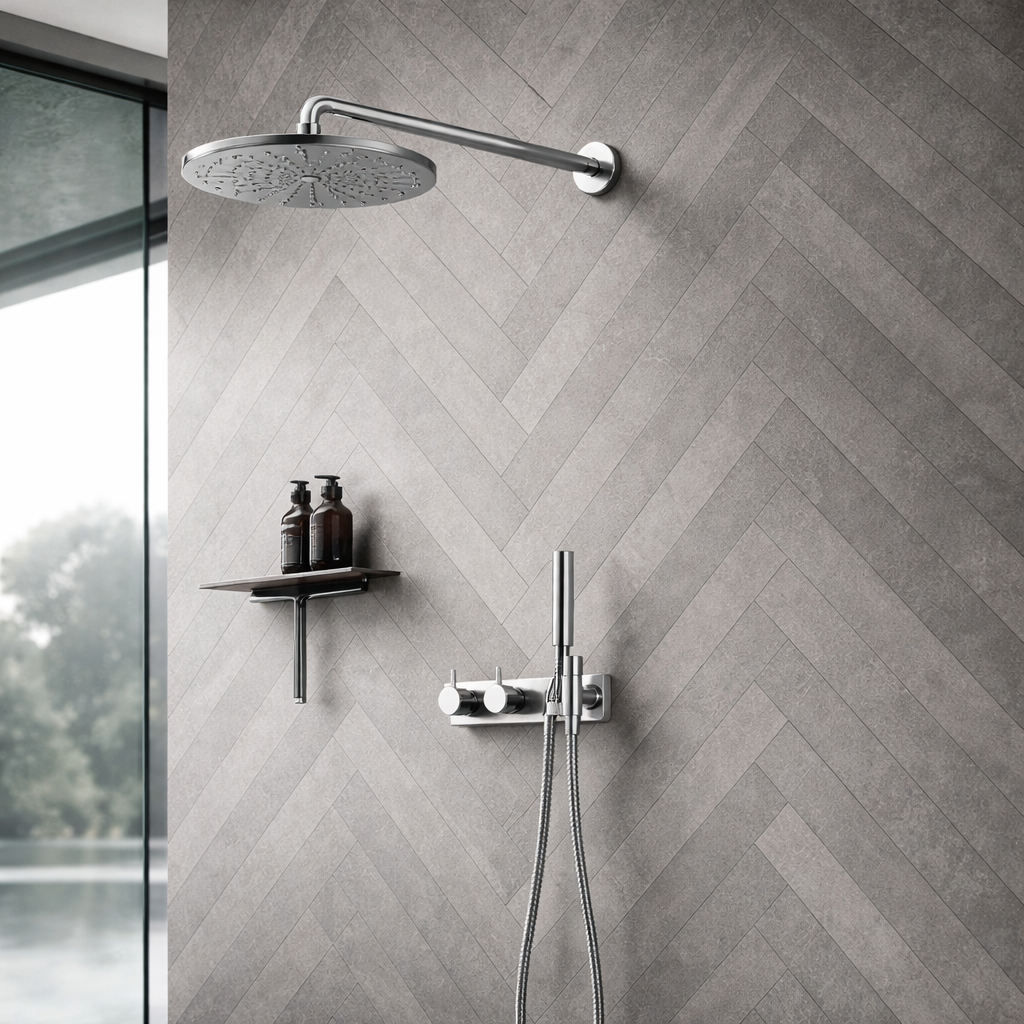 Luxury bathroom with Overhead Shower by GROHE in Chrome Brass