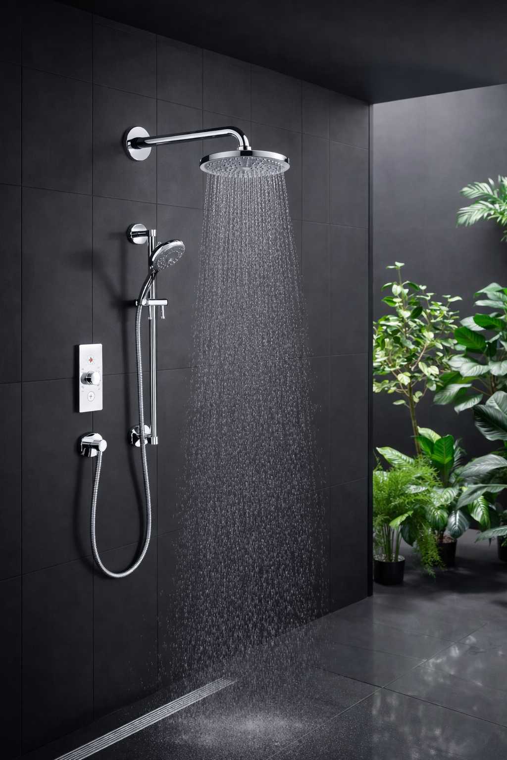 Luxury bathroom with Overhead Shower by GROHE in Chrome Brass