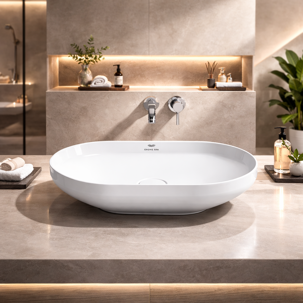 Luxury bathroom with Table top basin by GROHE in White Ceramic